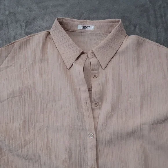 Zeagoo Shirt Womens L Cream Blouse Button Down Collared Short Sleeve Cuffed Hem - Picture 2 of 12